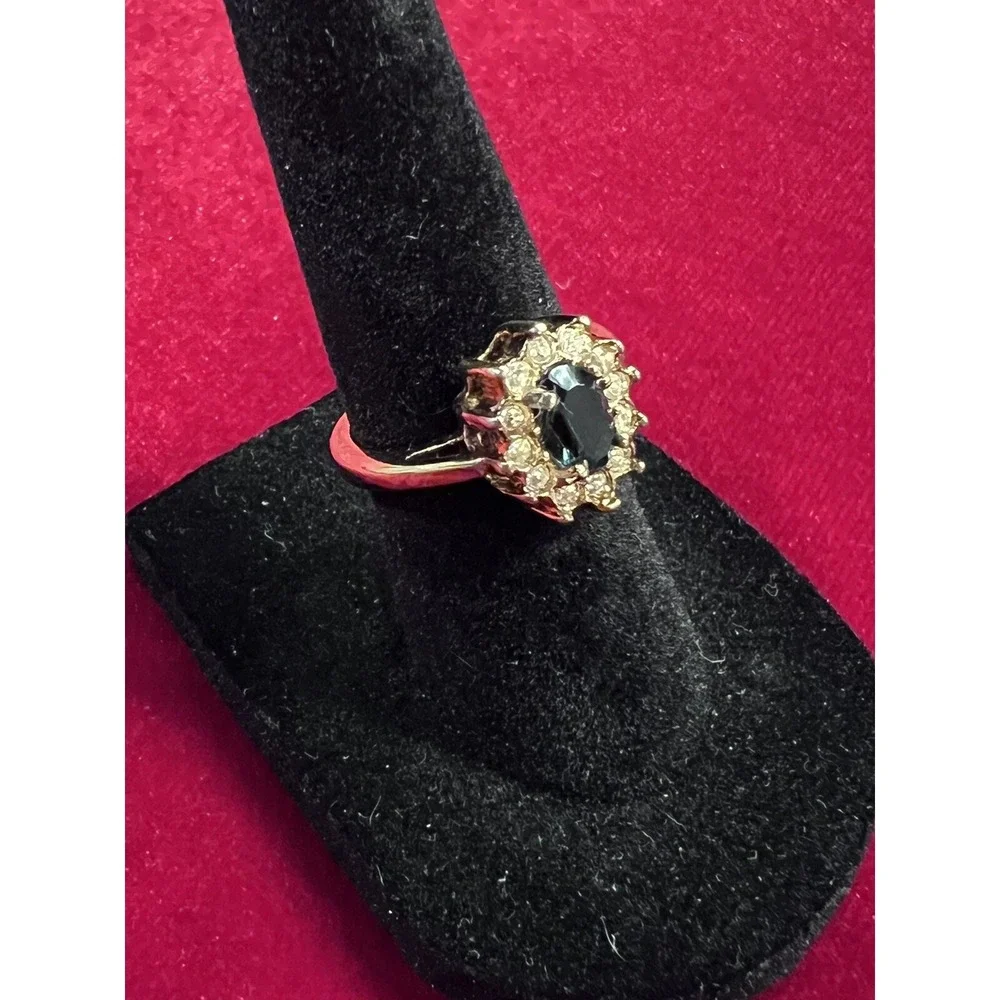 Antique London Blue Topaz Halo Ring Gold Tone Costume Jewelry Size 5